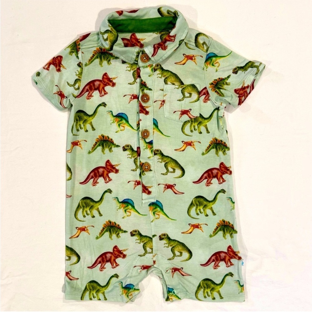 Posh Peanut Henley Shortall Boys 6-9M Buddy Dinosaurs Bamboo Collared Romper